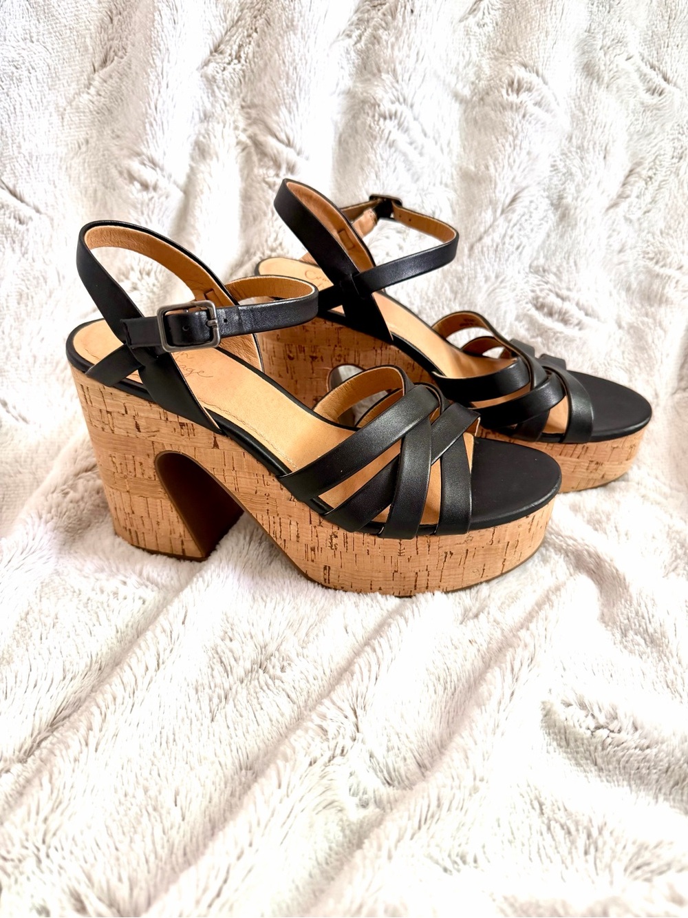 Crown Vintage Black Strappy Cork Platform Heels